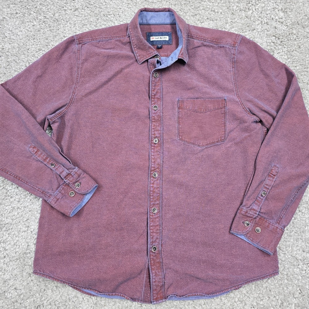 32 Bar Blues Mens Chambray‎ Long Sleeve Button Up Shirt Size Large Grunge Retro
